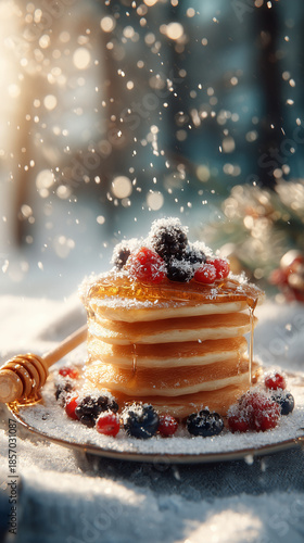 Wallpaper Mural Stack of pancakes with berries and falling snow by the window Torontodigital.ca