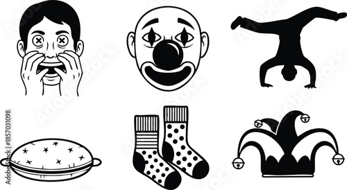 Line art vector icon set circus theatrical faces clown surprised man acrobat handstand pie dessert socks jester hat black and white bold flat design high contrast