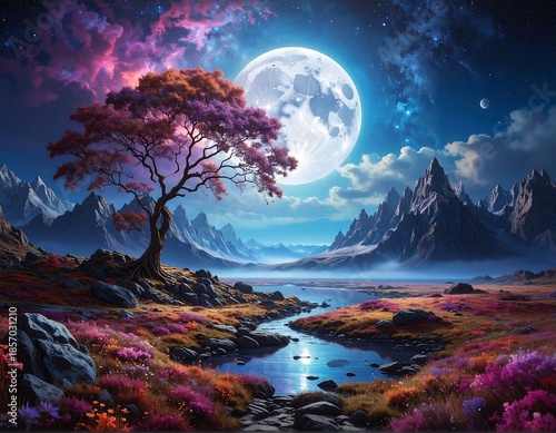 Surreal landscape with a large moon, mountains, tree and river