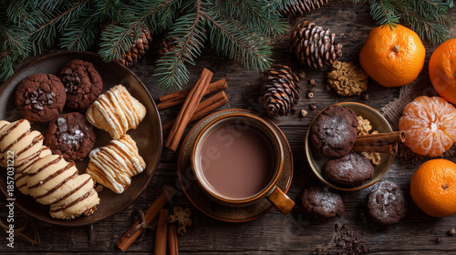 Christmas sweets assortment with hot chocolate, cookies and mandarins