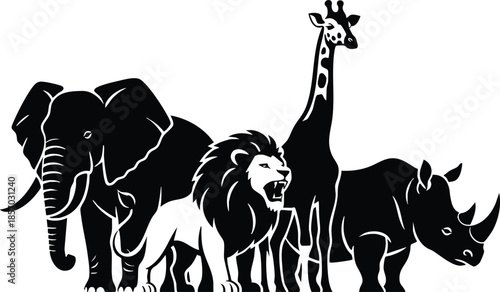 Silhouette vector group of african savanna animals standing in row elephant lion giraffe rhinoceros front view simple black on white minimal composition bold contrast isolated clean