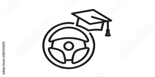 Steering wheel and hat thin line icon, driver license concept. Vector graphics. Wheel and driving school graduation cap sign on white background, style icon mobile or web design
