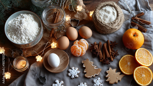 Christmas baking ingredients flat lay with flour, spices and citrus