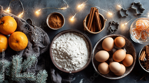 Christmas baking ingredients flat lay with flour, spices and citrus