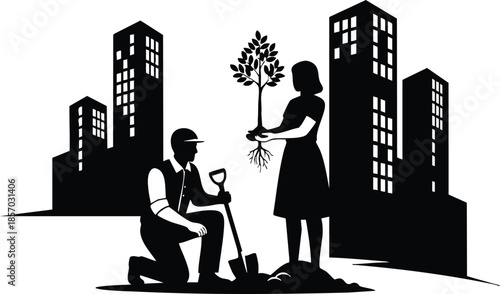 Silhouette flat vector close up low angle man kneeling planting sapling woman handing tree in front of high rise buildings urban renewal scene bold contrast skyline
