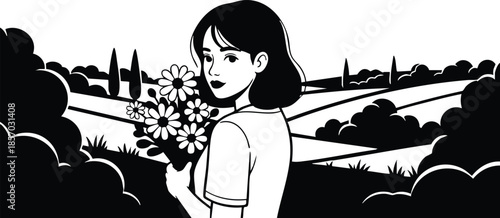 Line art three quarter view young woman looking back holding wild flower bouquet in rolling countryside fields with distant cypress trees high contrast minimal vector composition