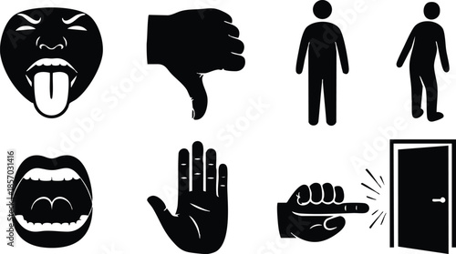 Flat pictogram icon set close up eight black gesture symbols tongue out thumb down standing figure walking figure open mouth open hand fist knocking door minimal
