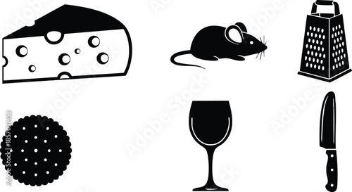 Flat icon close up cheese wedge with holes and small mouse near grater wine glass knife and cracker on white background simple bold silhouette vector illustration