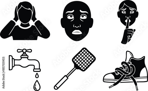 Flat icon set six silhouette gesture faces shushing covering ears shocked face faucet drop fly swatter untied shoe close up vector art monochrome simple minimal grid
