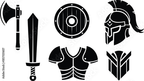 Flat design close up medieval weapons and armor icon set with axe sword round shield spartan helmet breastplate and emblem simple black silhouette vector art graphic