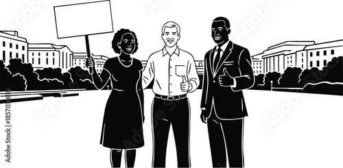 Line art frontal close up three diverse activists holding blank protest sign standing in front of neoclassical government buildings midday high contrast black and white confident