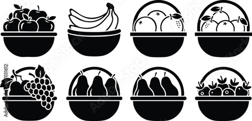 Flat design monochrome fruit bowl icon set showing nine bold silhouette variations with apples bananas grapes pears and citrus in front view minimal clean vector style