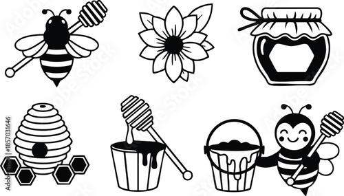 Line art vector sheet of honey and bee icons smiling bee facing forward holding honey dipper close up jar beehive flower cupcake and honey pot set