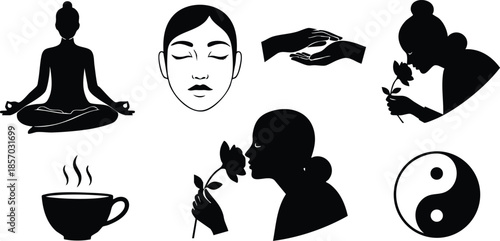 Flat silhouette icon set showing meditating person cross legged closed eyes face hands holding leaf woman smelling flower steaming cup and yin yang symbol wellness concept