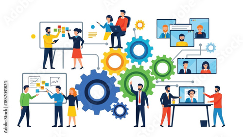 A diverse group of professionals collaborating on projects using digital tools and interactive whiteboards, symbolizing teamwork and modern business strategies.