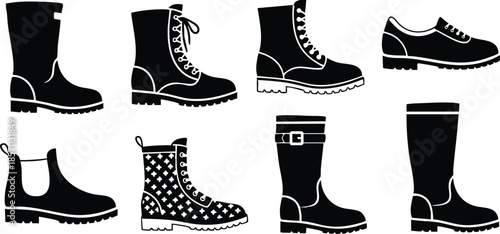 Flat icon set of eight boot silhouettes side view including work boot hiking boot chelsea boot polka dot rain boot buckle rubber wellington ankle boot derby