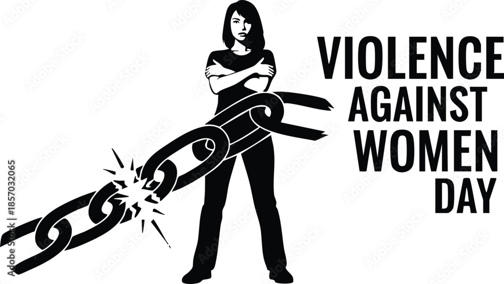 Naklejka premium Flat silhouette vector close up standing woman breaking heavy chain with crossed arms beside violence against women day typography bold monochrome protest poster powerful message activism