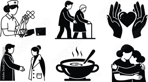 Flat icon set of healthcare glyphs showing nurse offering flowers and medicine doctor handshake elderly couple walking with cane hands holding heart comforting hug and soup
