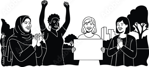 Line art four diverse women holding blank sign cheering together outdoors looking at camera solidarity high contrast monochrome vector illustration wearing hijab raised hands clapping smiling