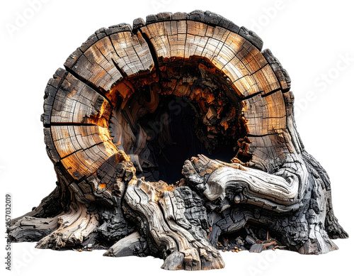 Close-up of aged tree stump with hollow center, showcasing intricate wood textures and colors