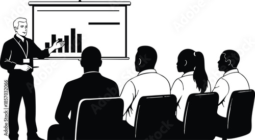 Flat design presenter pointing at bar chart on projection screen addressing four seated attendees in training room side view looking at presenter with id badge minimalist