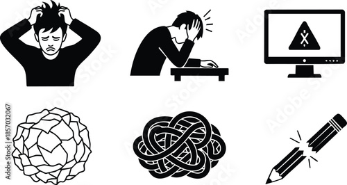 Flat design icon set close up six black glyphs showing frustrated man headache and man banging head on desk broken pencil tangled ball error alert