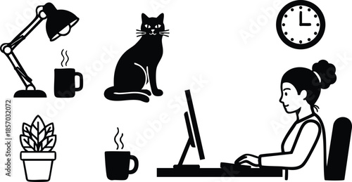 Flat design side profile woman typing at desktop computer with desk lamp coffee mug black cat potted plant and wall clock minimal workspace silhouette icon set