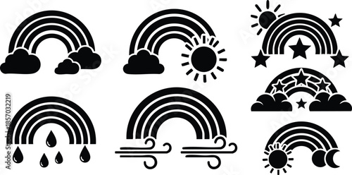 Flat icon set close up monochrome rainbow and weather symbols arranged in tidy grid showing clouds sun moon stars raindrops and wind simple minimal vector art