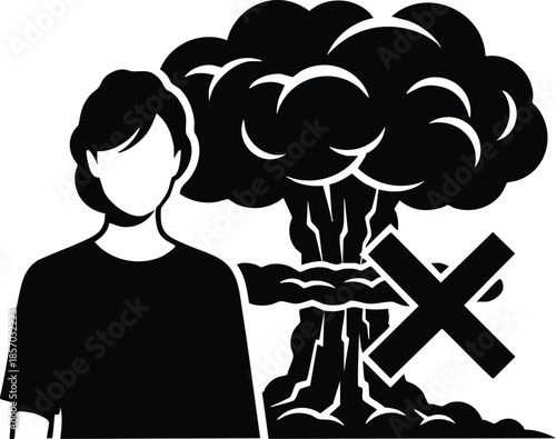 Flat design front facing person silhouette with direct gaze and protest no sign beside mushroom cloud nuclear explosion icon in monochrome graphic style bold outline clean