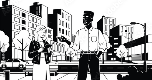 Line art vector city street scene two business people discussing with tablet and briefcase man gesturing woman looking at tablet urban buildings cars trees monochrome contrast