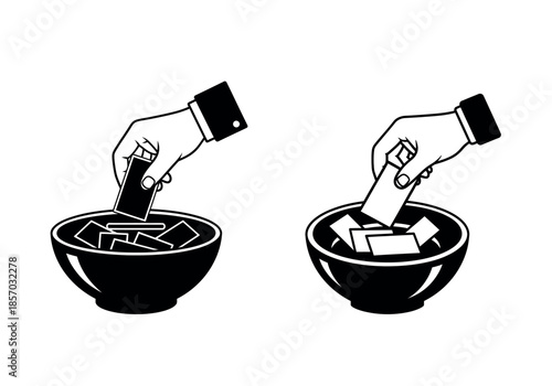 A graphic illustration depicts two hands adding small square pieces into separate bowls high-quality professional