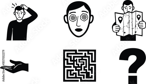 Flat icon set showing six black and white confusion symbols including person scratching head dizzy face map reader open hand maze and question mark isolated minimalist