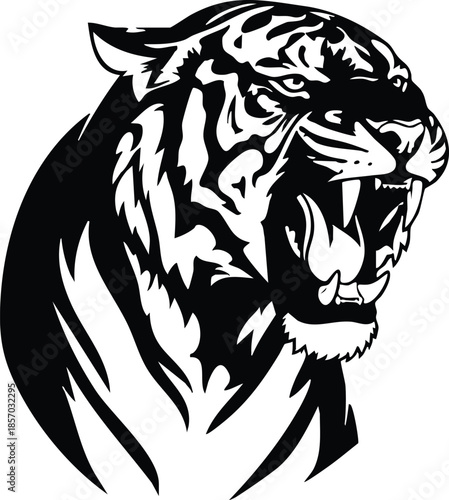 Tattoo flash roaring tiger head close up looking to right with open mouth showing teeth detailed stripes bold black ink vector art isolated white background fierce