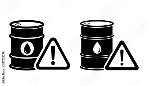Black and white illustration depicting oil barrels and warning signs indicating hazardous materials high-quality professional