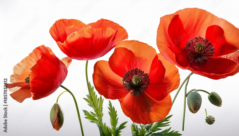 Obraz premium Flanders Poppies Papaver Rhoeas Flowers And A Bud Isolated On A Transparent Background