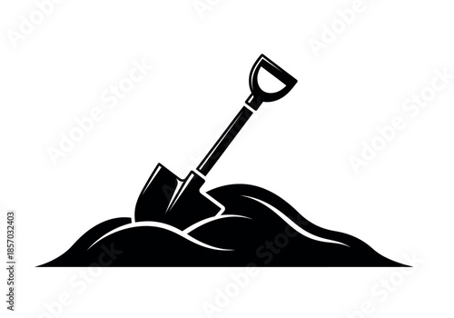 A simple black and white illustration depicts a shovel stuck in a pile of dirt