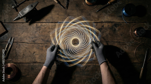 Wallpaper Mural Master Craftsman's Hands Shaping Luminous Spiral Energy on a Rustic Workbench - Innovation, Creativity & Handmade Art Torontodigital.ca