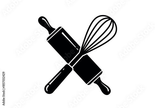 a simple black and white illustration depicts a rolling pin and whisk crossed together high quality