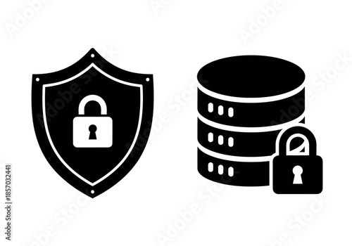 Secure data storage illustrated with a shield and padlock protecting a database cylinder high quality professional
