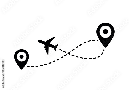 A simple illustration depicting air travel between two distinct locations with dotted path high quality professional