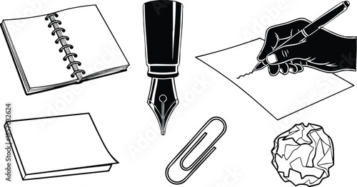 Line art close up hand writing on paper with fountain pen nib spiral notebook sticky notes paperclip crumpled paper office supplies icons flat line icon set