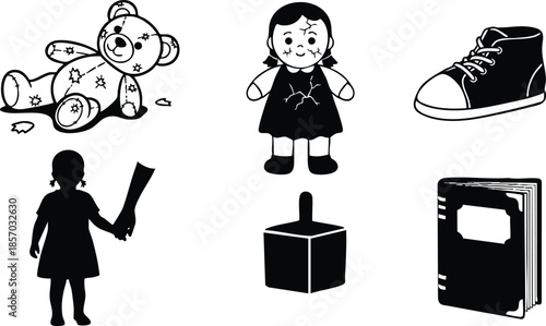 Silhouette icon set close up assorted childrens toys including teddy bear doll shoe spinning top book and girl holding paper side view flat vector minimal art