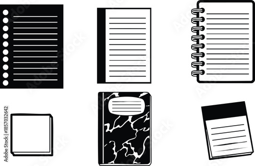 Flat design icon set of six notebooks and notepads with spiral marble ruled sticky square pad top view lined pages hole punched composition cover minimalist vector