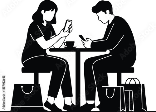 Flat design side view two people sitting at cafe table looking at smartphones wearing casual clothes shopping bags at feet close up composition monochrome high contrast