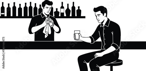 Silhouette vector bar scene close up bartender shaking cocktail shaker while seated customer holds glass at counter with bottles in background high contrast minimal retro vibe