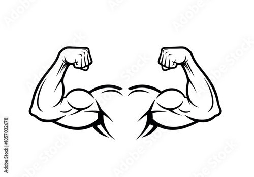 A detailed black and white illustration showcases powerfully flexed biceps emphasizing physical strength and fitness