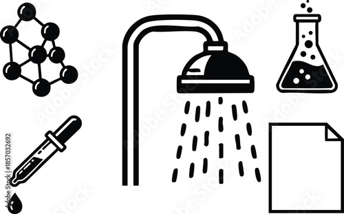 Line art close up laboratory icons centered shower with droplets pipette dropping single drop molecule structure flask with bubbles blank document minimal black vector set collection