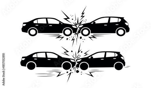 A graphic depiction shows two vehicles colliding in a head on car crash with impact