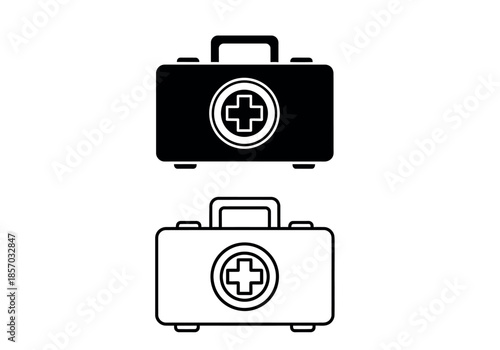 A simple depiction of two first aid kits presented in black and white line art