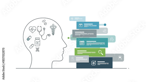 A profile silhouette of a human head contains medical symbols and icons, with a stack of infographic elements to its right, representing health information and concepts.